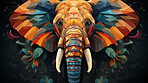 Colourful geometric illustration of a elephant. Poly graphic on black background.