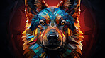 Multicolor geometric illustration of a german dog. Colourful poly graphic on black background.