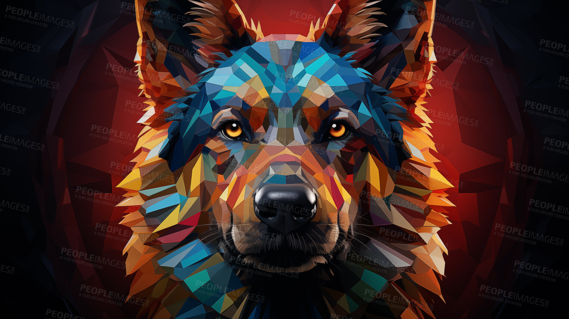 Buy stock photo Multicolor geometric illustration of a german dog. Colourful poly graphic on black background.