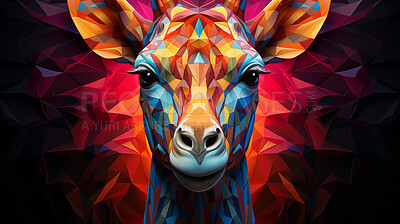 Colourful geometric illustration of a giraffe head. Poly graphic on black background.