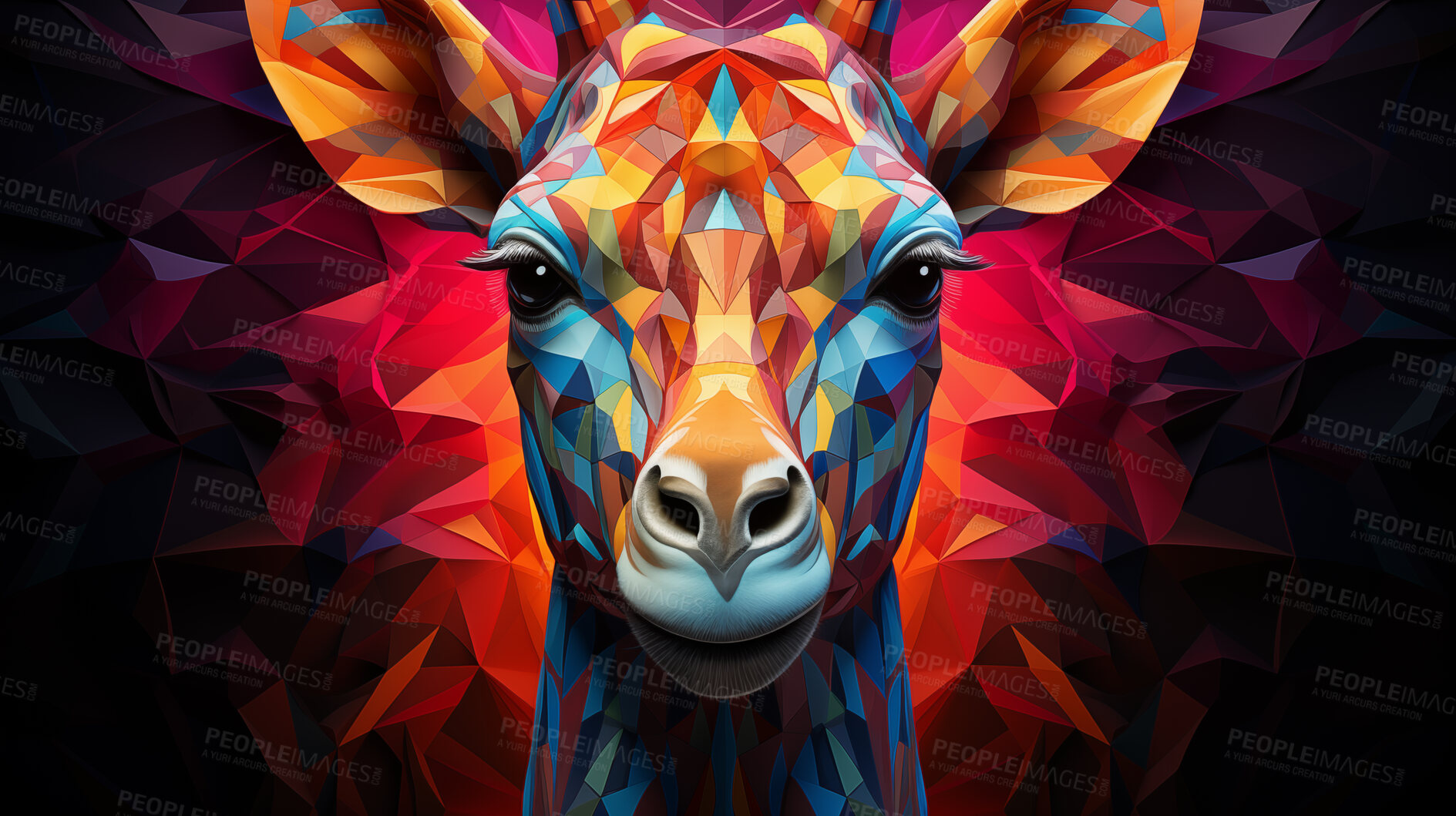 Buy stock photo Colourful geometric illustration of a giraffe head. Poly graphic on black background.