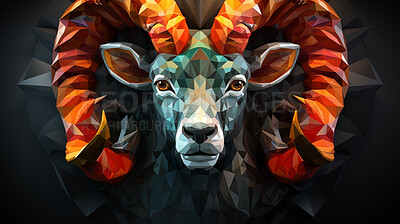 Multicolor geometric illustration of a ram. Colourful poly graphic on black background.