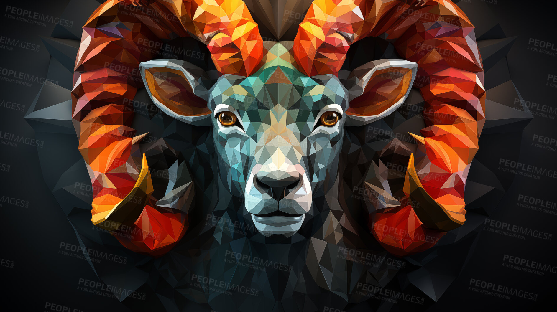 Buy stock photo Multicolor geometric illustration of a ram. Colourful poly graphic on black background.