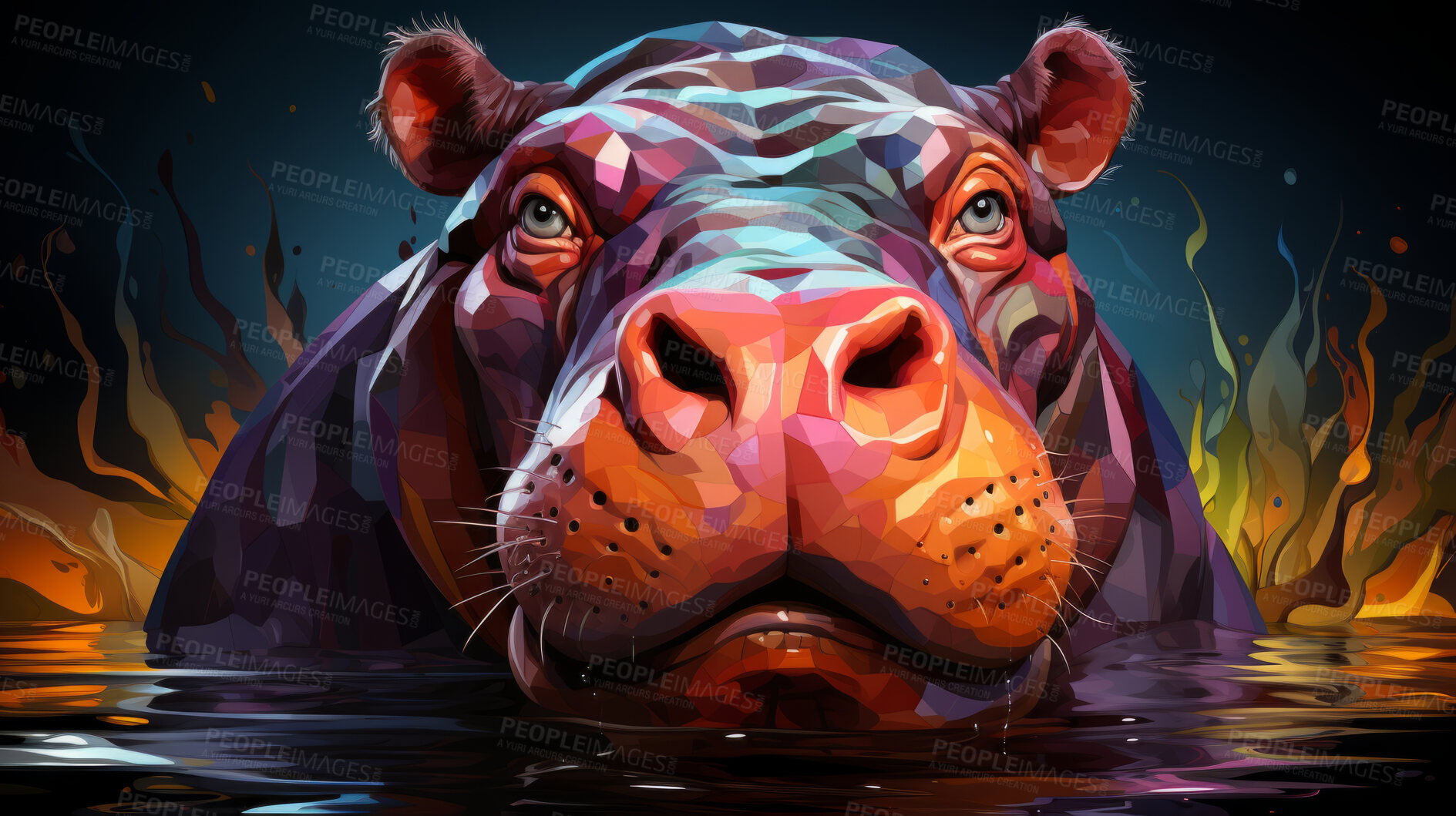 Buy stock photo Multicolor geometric illustration of a hippo. Colourful poly graphic on black background.