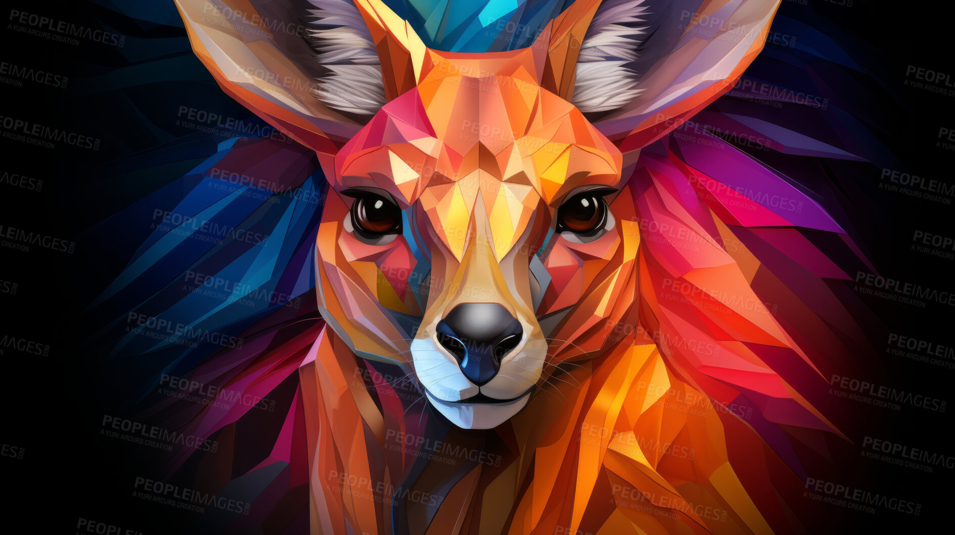 Buy stock photo Multicolor geometric illustration of a kangaroo. Colourful poly graphic on black background.