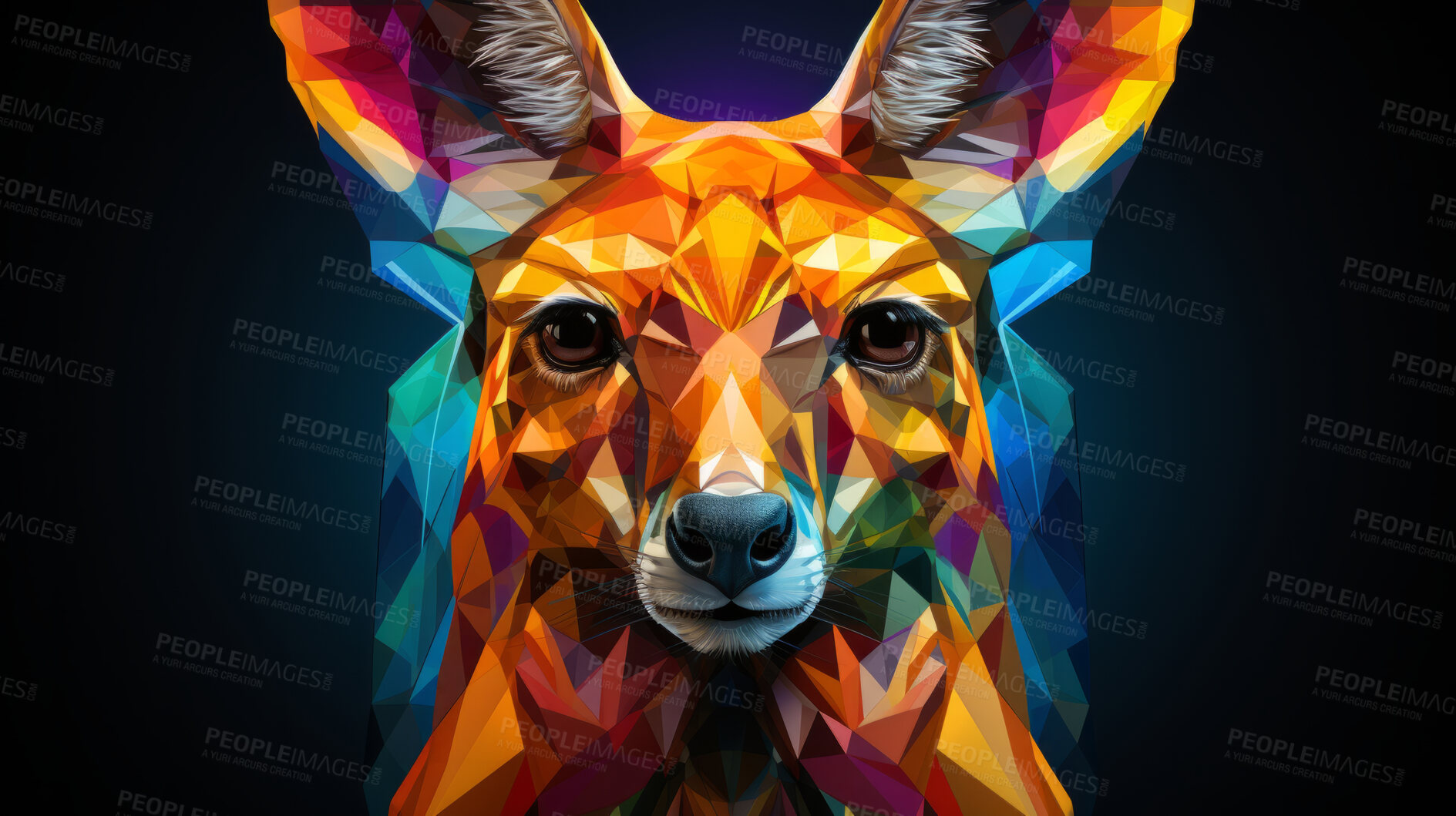 Buy stock photo Multicolor geometric illustration of a kangaroo. Colourful poly graphic on black background.