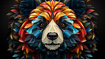 Multicolor geometric illustration of a panda. Colourful poly graphic on black background.