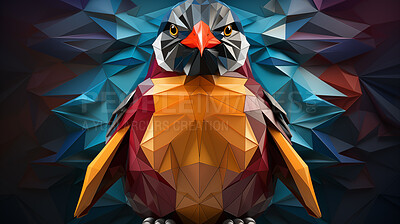 Multicolor geometric illustration of a penguin. Colourful poly graphic on black background.