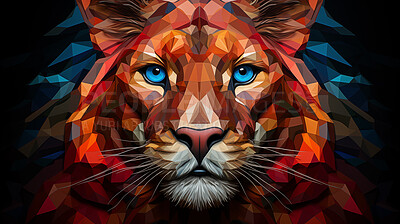 Multicolor geometric illustration of a lion. Colourful poly graphic on black background.