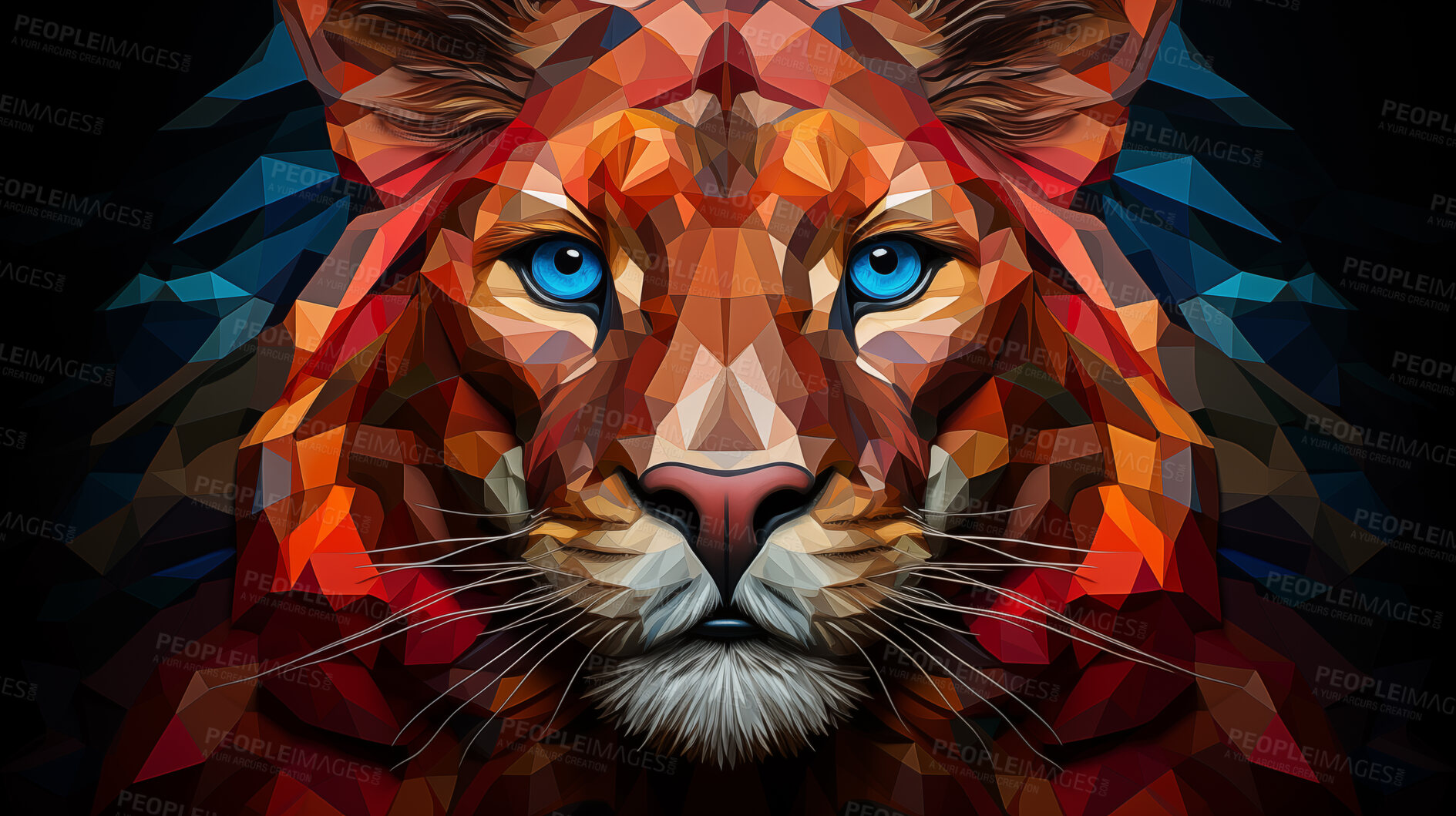 Buy stock photo Multicolor geometric illustration of a lion. Colourful poly graphic on black background.