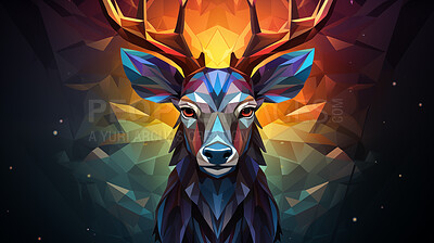 Multicolor geometric illustration of a reindeer. Colourful poly graphic on black background.