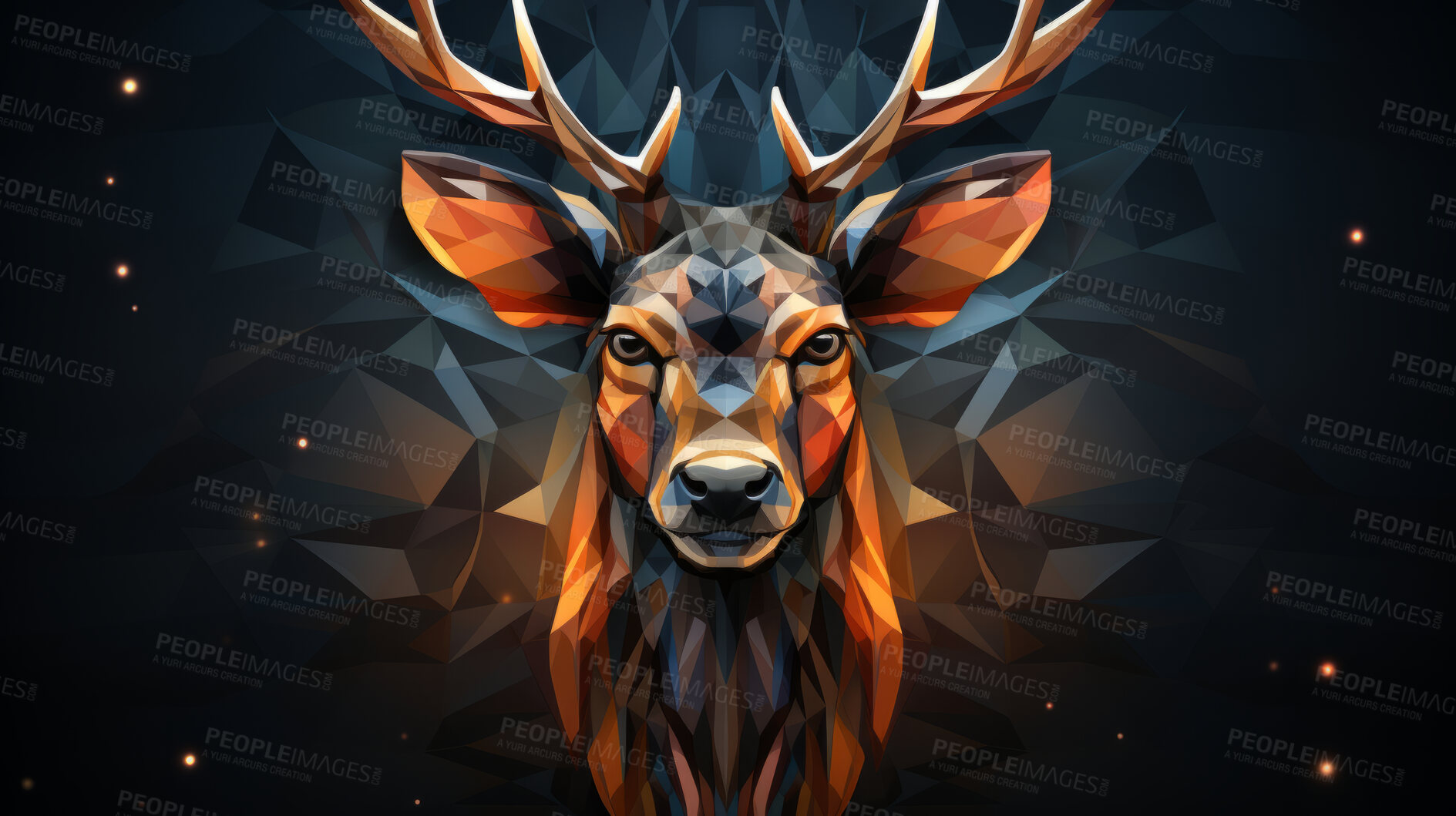 Buy stock photo Multicolor geometric illustration of a reindeer. Colourful poly graphic on black background.