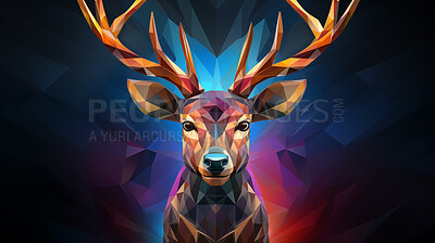 Colourful geometric illustration of a reindeer. Poly graphic on black background.