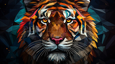 Multicolor geometric illustration of a tiger. Colourful poly graphic on black background.