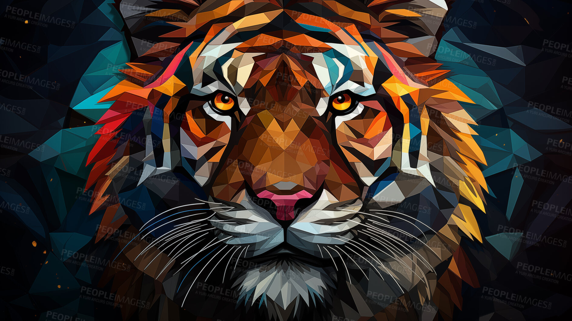 Buy stock photo Multicolor geometric illustration of a tiger. Colourful poly graphic on black background.