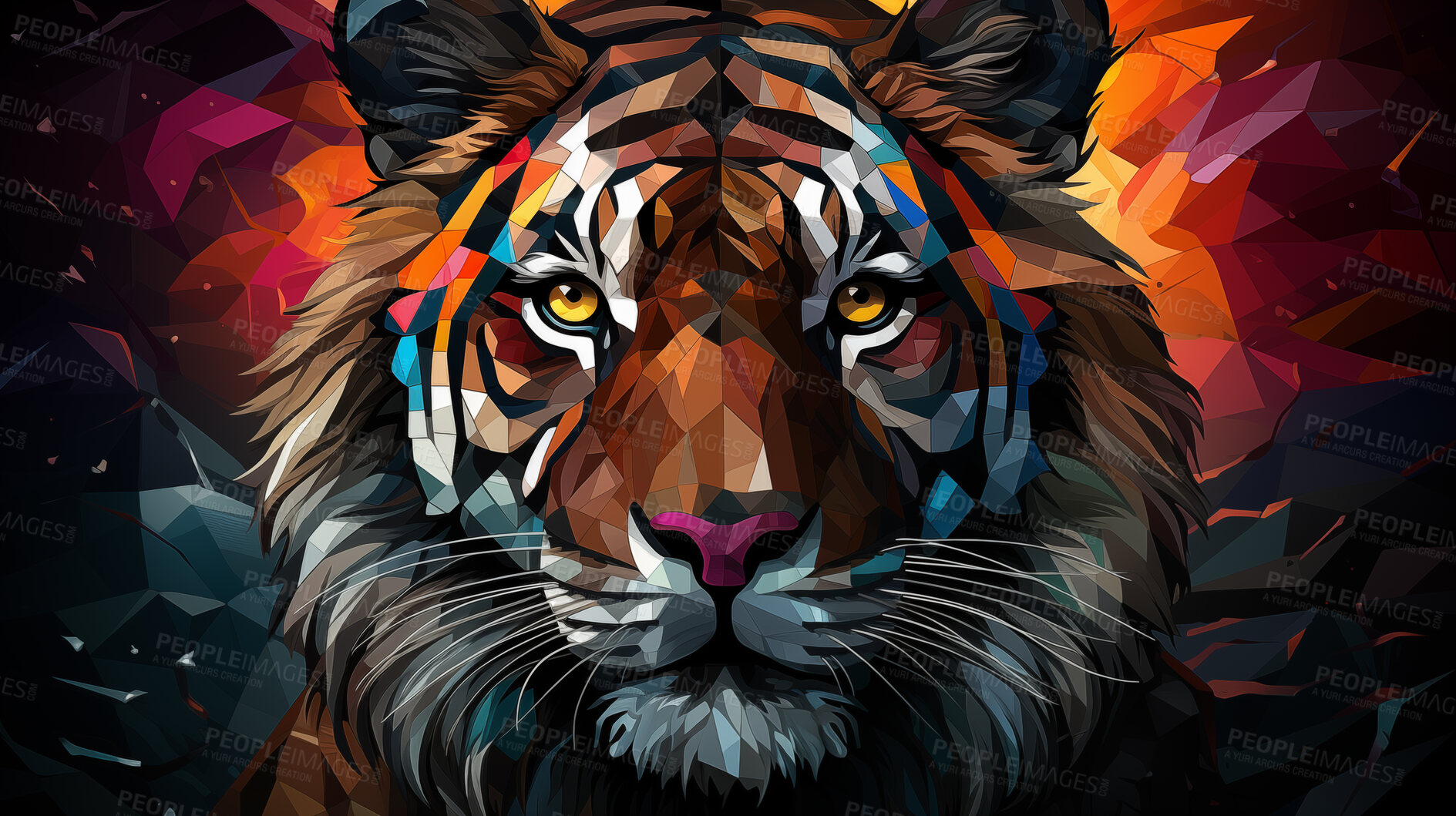 Buy stock photo Multicolor geometric illustration of a tiger. Colourful poly graphic on black background.