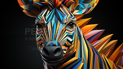 Multicolor geometric illustration of zebra. Colourful poly graphic on black background.