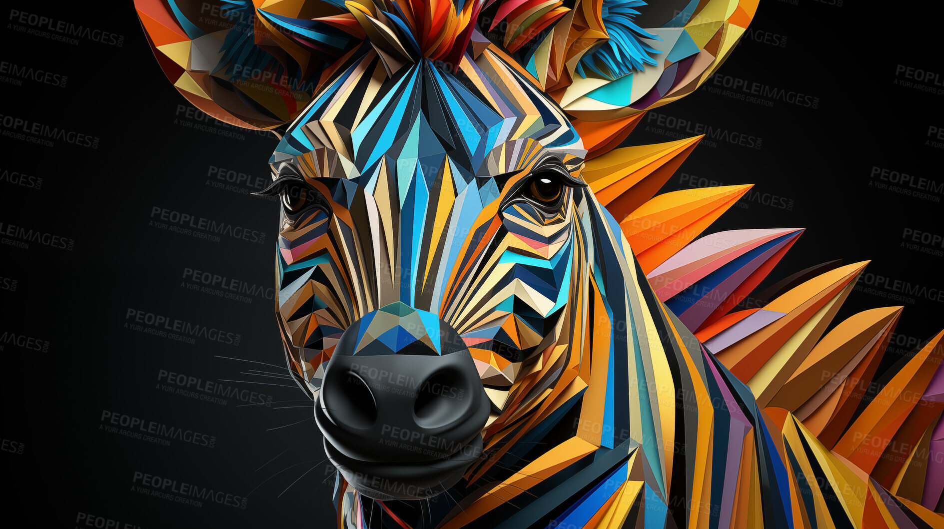 Buy stock photo Multicolor geometric illustration of zebra. Colourful poly graphic on black background.