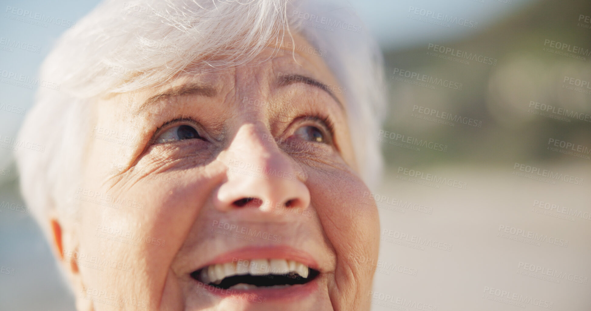 Buy stock photo Sunset, smile and senior woman at a beach with peace outdoor in nature, sea and elderly female person with mindfulness. Relax, happy and calm old lady thinking by the ocean on holiday in retirement