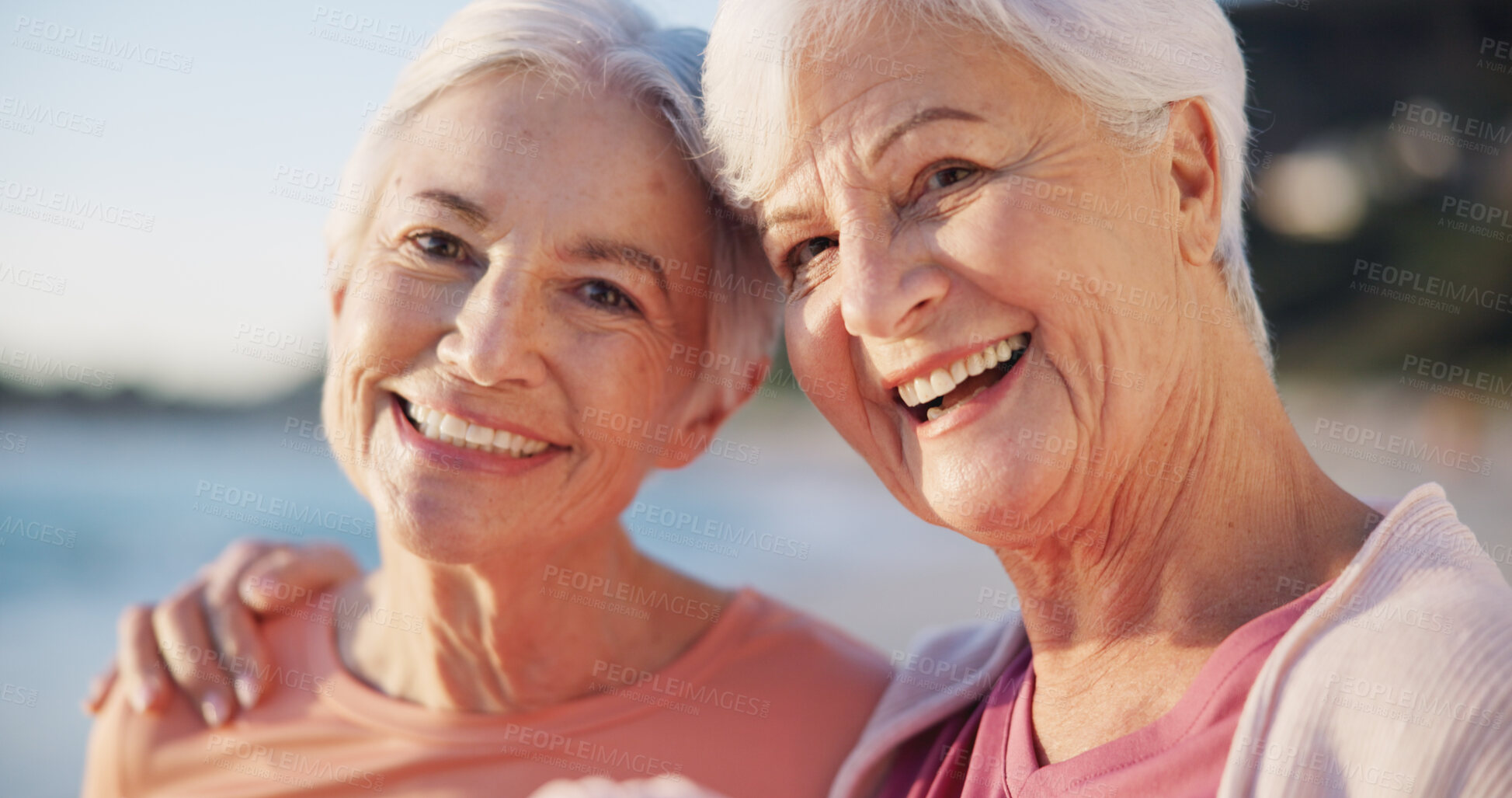 Buy stock photo Portrait, yoga and senior women on the beach together as friends for a mental health workout by the ocean. Fitness, wellness and smile with old people at the sea for pilates training in nature