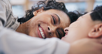 Buy stock photo Love, lgbt couple smile and hug with happy eyes for love, connection and commitment inside apartment. Lesbian, women and happiness with trust and touch for communication in relationship on sofa