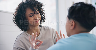 Buy stock photo Lgbt, lesbian couple and perfect hands on bed with smile for bonding, agree and support at home together. Homosexual, love and queer woman with okay emoji in bedroom for bisexual or trans acceptance