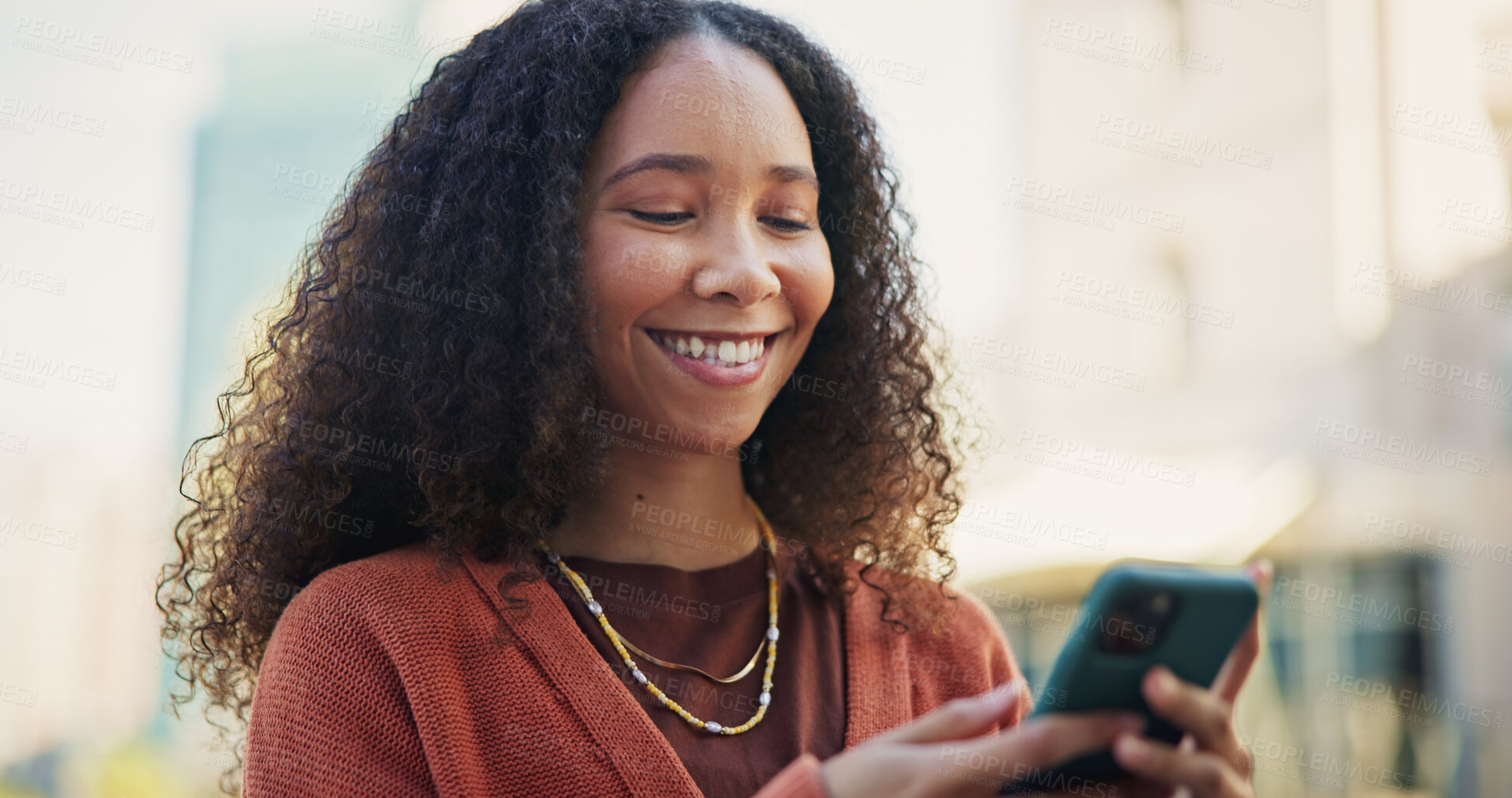 Buy stock photo Happy woman, phone and text for communication in city on commute to work, office or company. Female entrepreneur, creative and writer with message on mobile app, web and internet for connectivity