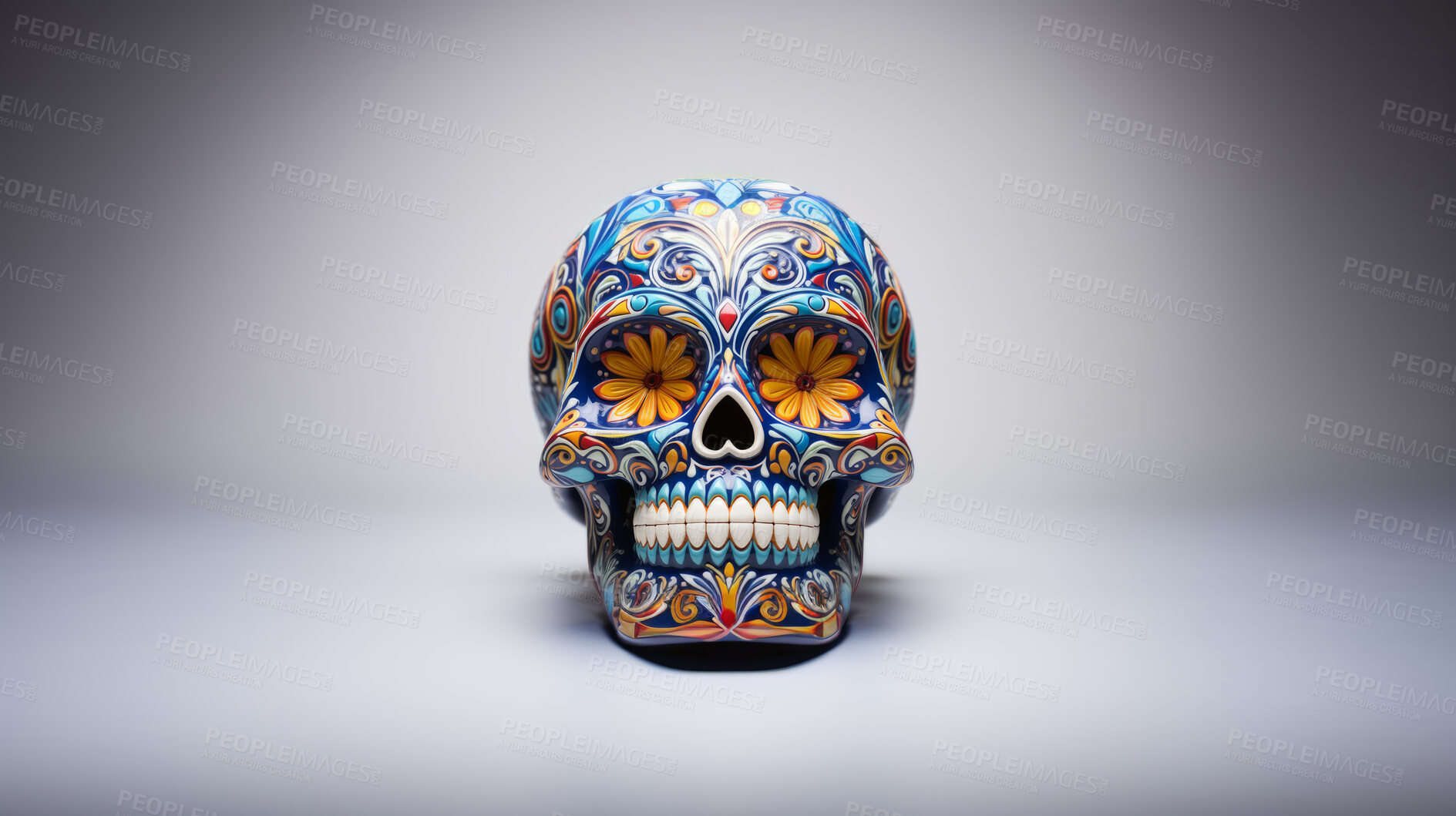 Buy stock photo Day of the dead, sugar skull, colourful painting design, illustration.