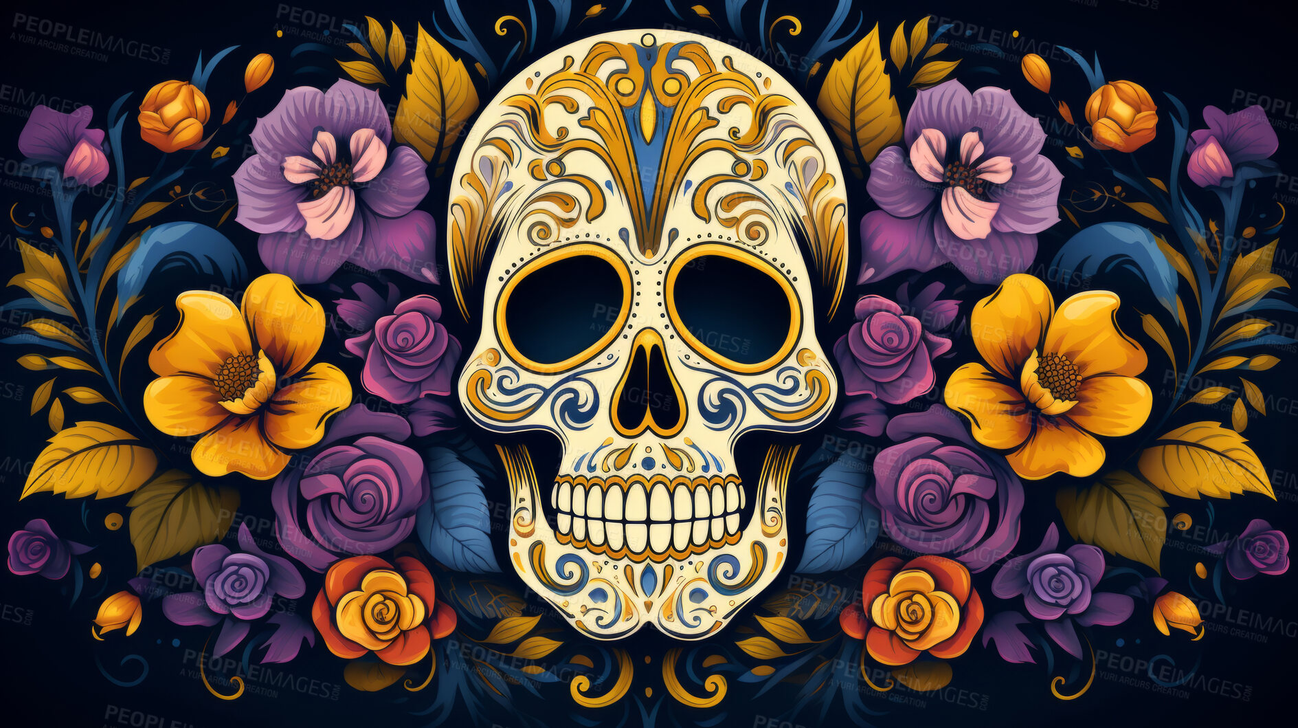 Buy stock photo Day of the dead, sugar skull, colourful painting design, illustration.