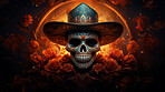Day of the dead sugar skull with hat, poster design, black background, illustration.