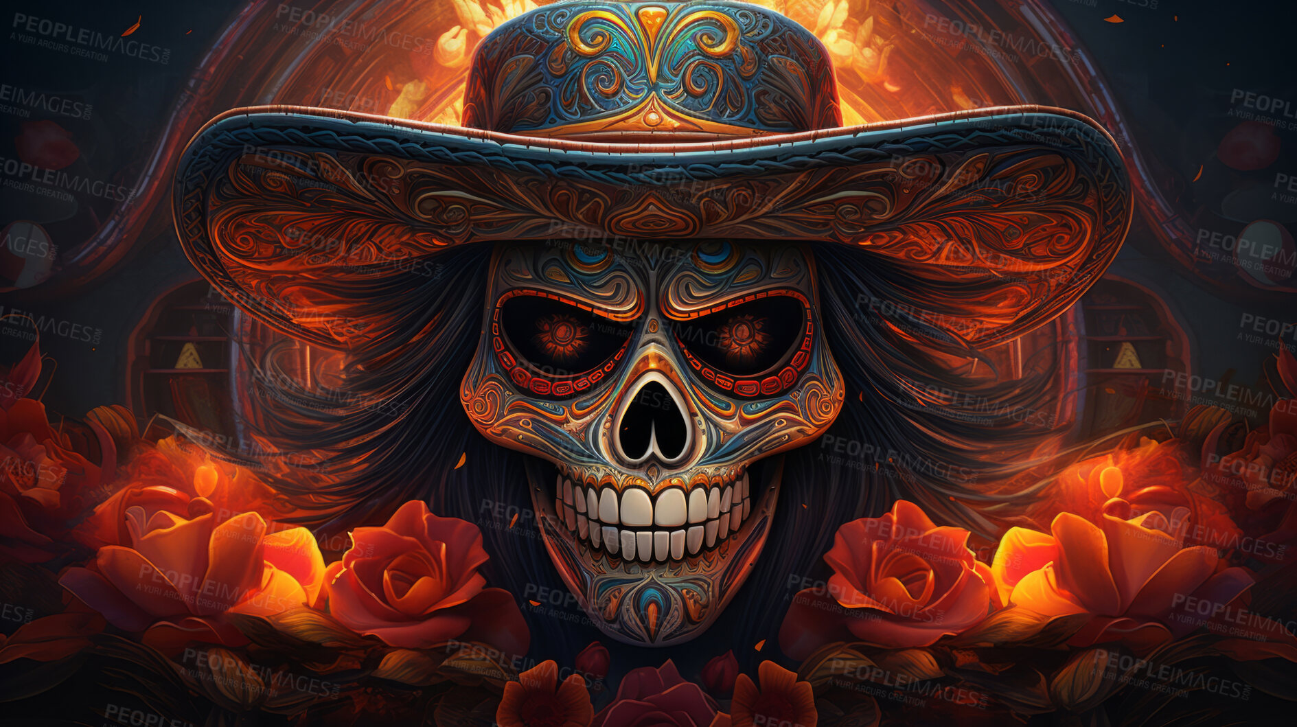 Buy stock photo Day of the dead sugar skull with hat, poster design, floral background, illustration.