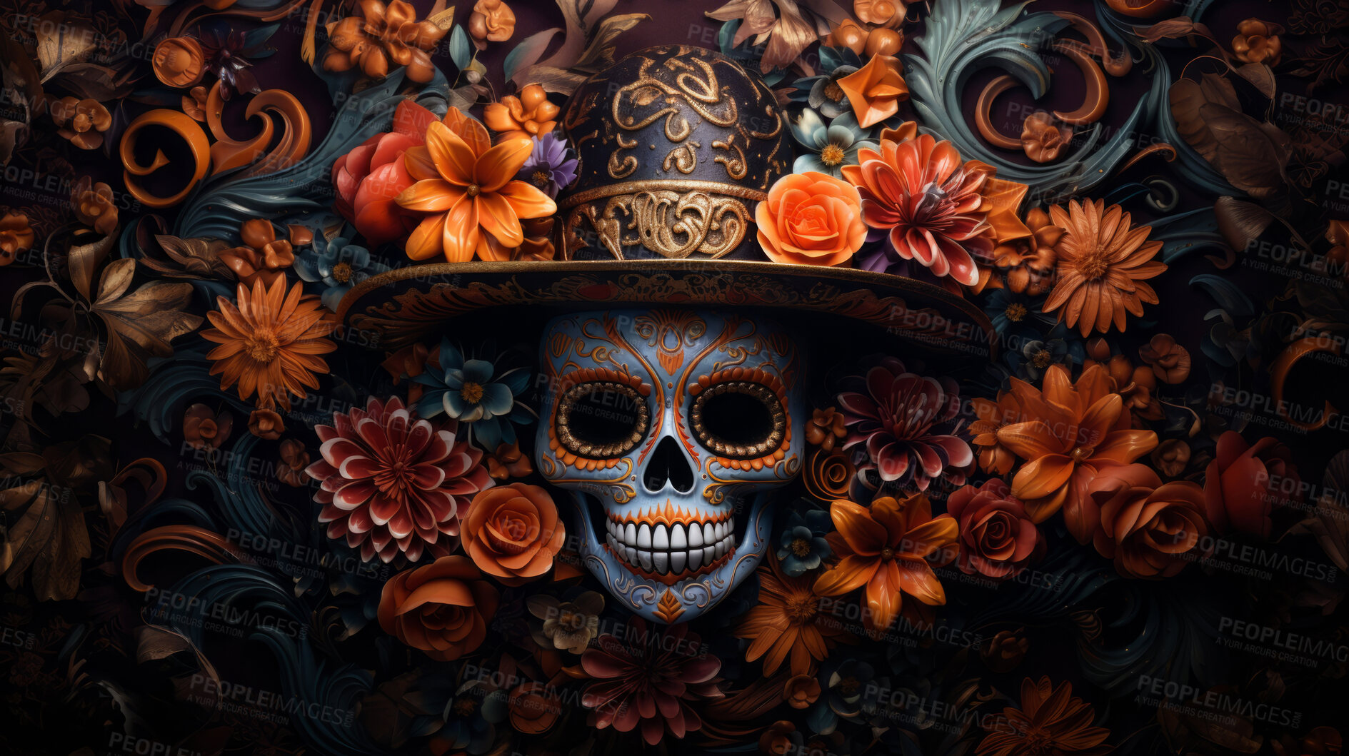 Buy stock photo Day of the dead sugar skull with hat, poster design, floral background, illustration.