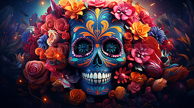 Buy stock photo Day of the dead, sugar skull, colourful painting design, illustration.