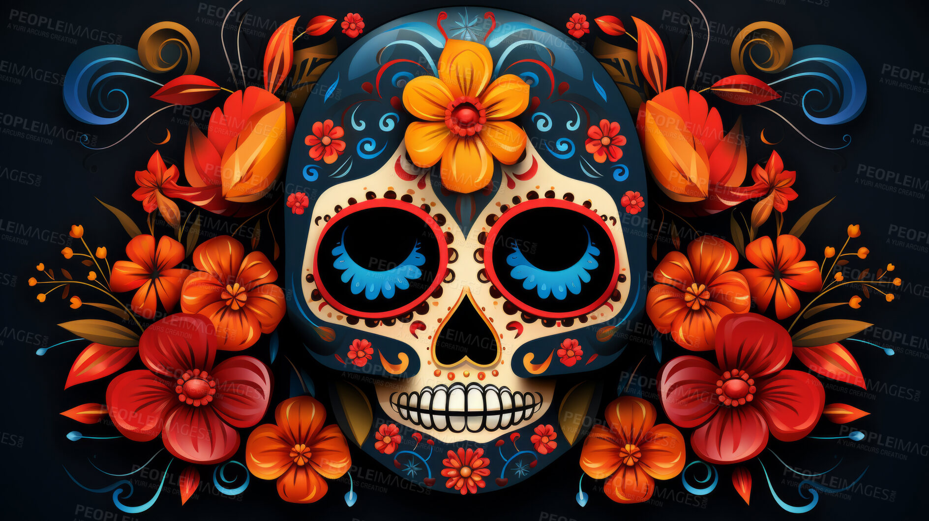 Buy stock photo Day of the dead, sugar skull, colourful painting design, illustration.