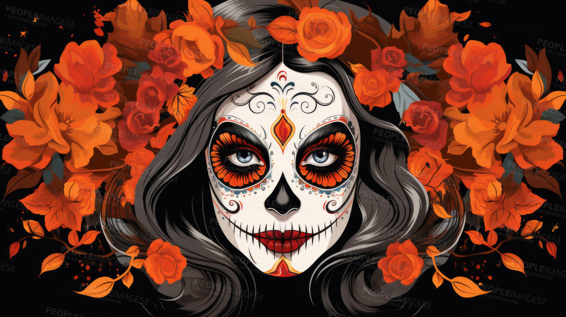 Buy stock photo Sugar skull girl with floral background, day of the dead, illustrated.