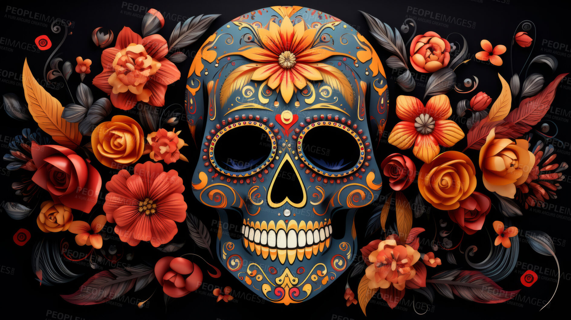 Buy stock photo Day of the dead, sugar skull, colourful painting design, illustration.