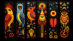 Four different birds, traditional Mexican style, brightly coloured birds.