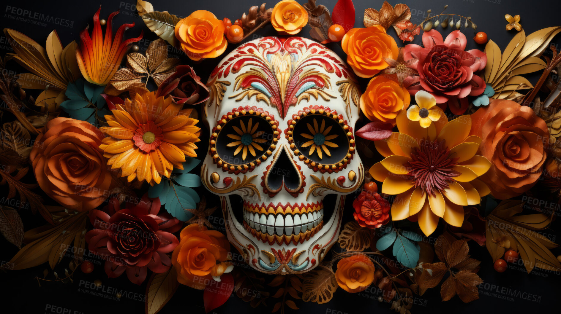 Buy stock photo Day of the dead, sugar skull, colourful painting design, illustration.