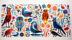 A variety of animals in different colours, in the style of traditional Mexican, white background.