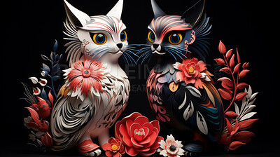 Mexican inspired animals cat and rooster, black background, cats, birds and flowers.