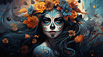 Sugar skull girl with floral background, day of the dead, illustrated.