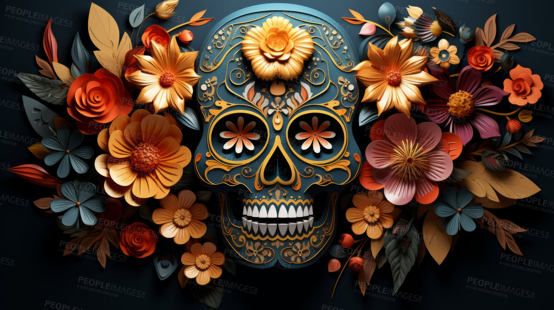 Buy stock photo Day of the dead, sugar skull, colourful painting design, illustration.