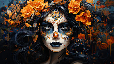 Buy stock photo Sugar skull girl with floral background, day of the dead, illustrated.