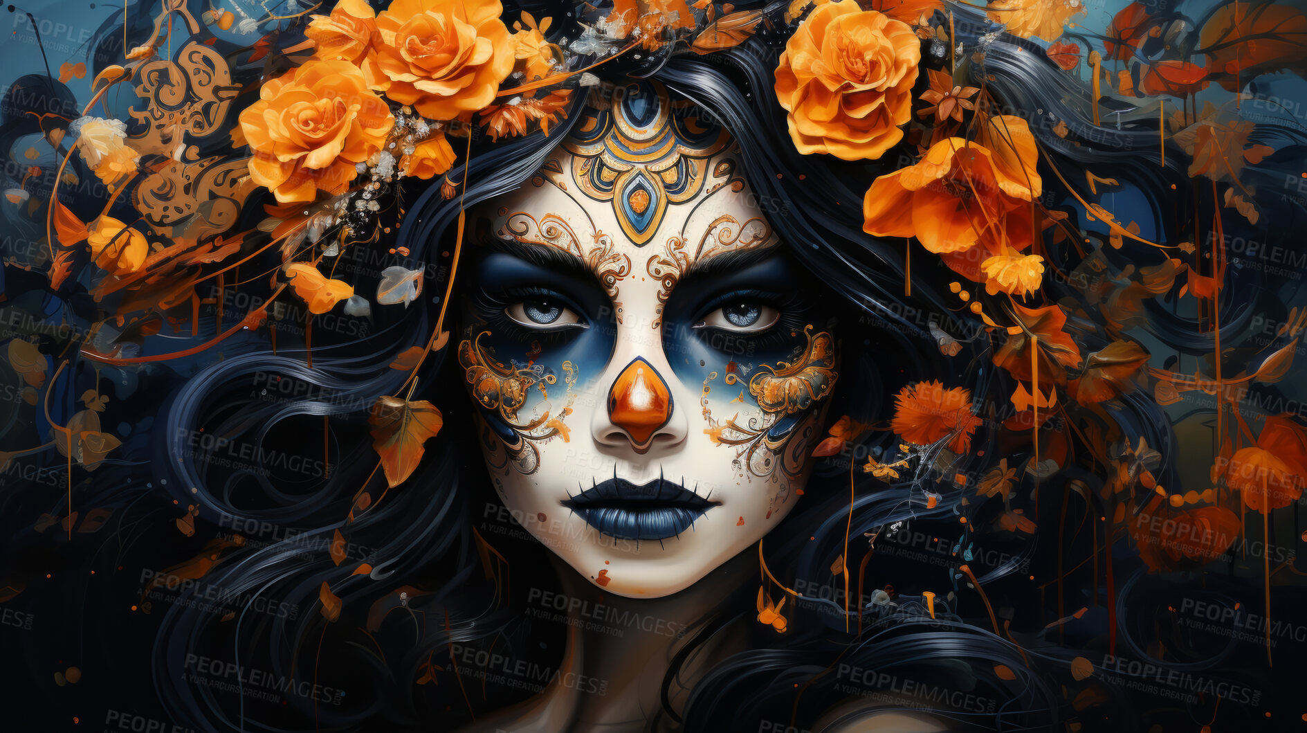 Buy stock photo Sugar skull girl with floral background, day of the dead, illustrated.