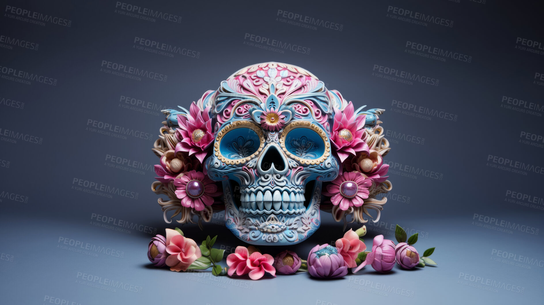 Buy stock photo Day of the dead, sugar skull, colourful painting design, illustration.