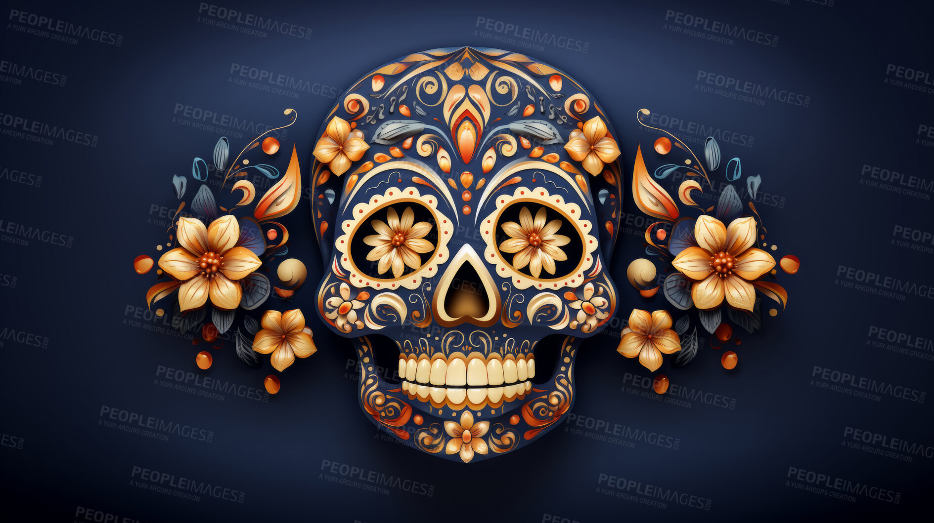 Buy stock photo Day of the dead, sugar skull, colourful painting design, illustration.