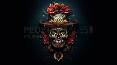 Buy stock photo Day of the dead sugar skull with hat, poster design, black background, illustration.