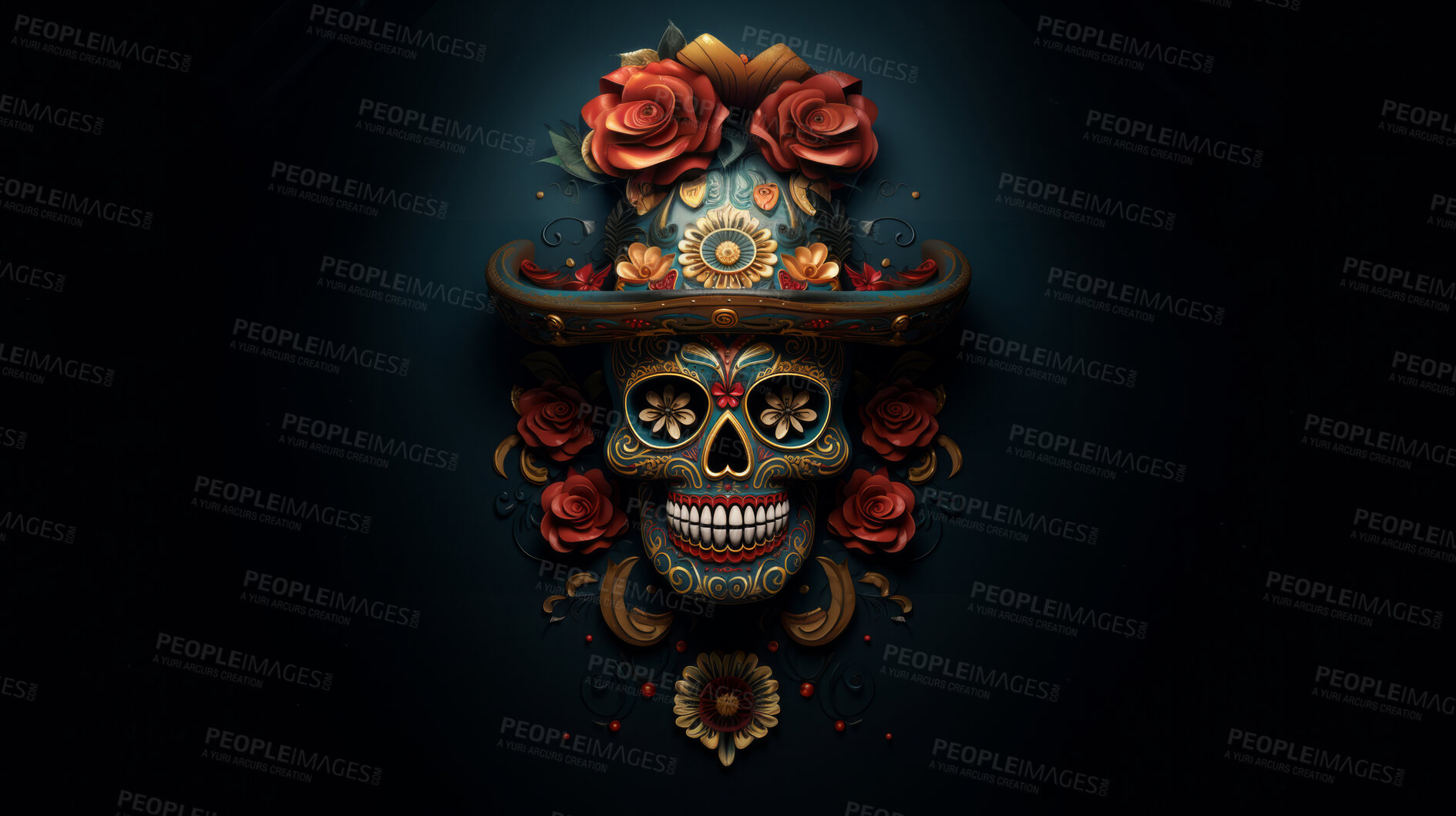 Buy stock photo Day of the dead sugar skull with hat, poster design, black background, illustration.