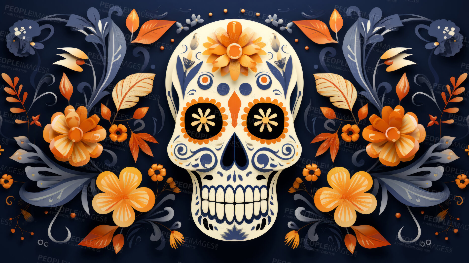 Buy stock photo Day of the dead, sugar skull, colourful painting design, illustration.