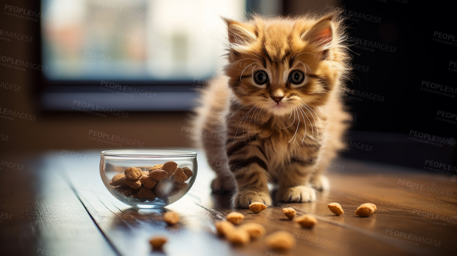 Buy stock photo Small kitten eating, looking at food bowl, illustrated.